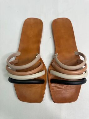 BAMBOO Multi-Strip Leather Slide Sandals in Black, Cream, Tan, Beige